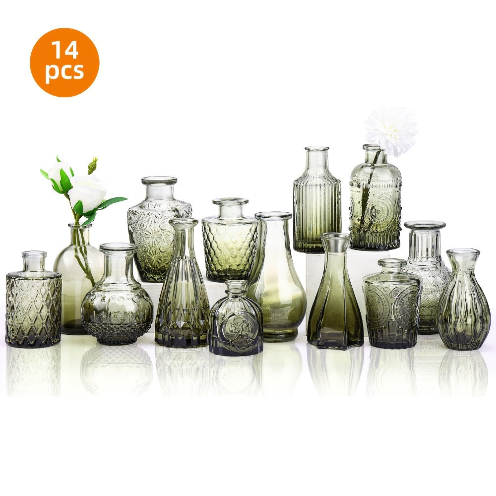 Glass Bud Vases Set ¨C Vintage Transparent Small Flower Vases in Graduated Colors for Home, Dining Table, Wedding & Holiday Centerpiece Decoration ¨C 14 or 18 Piece Multi-Size Floral Display Set