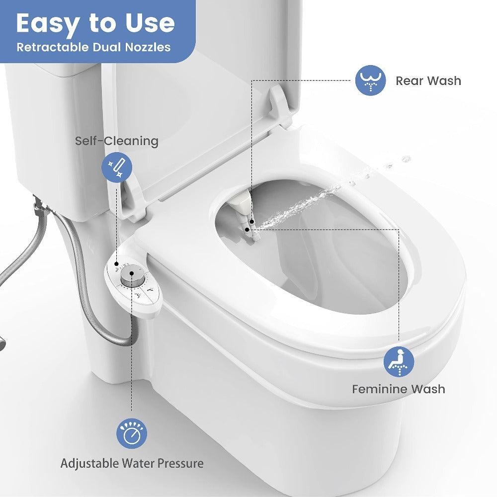 Ultra-Slim Non-Electric Bidet Attachment for Toilet, Self-Cleaning Dual Retractable Nozzles, Adjustable Water Pressure, Fresh Water Sprayer, US Standard, Easy Install