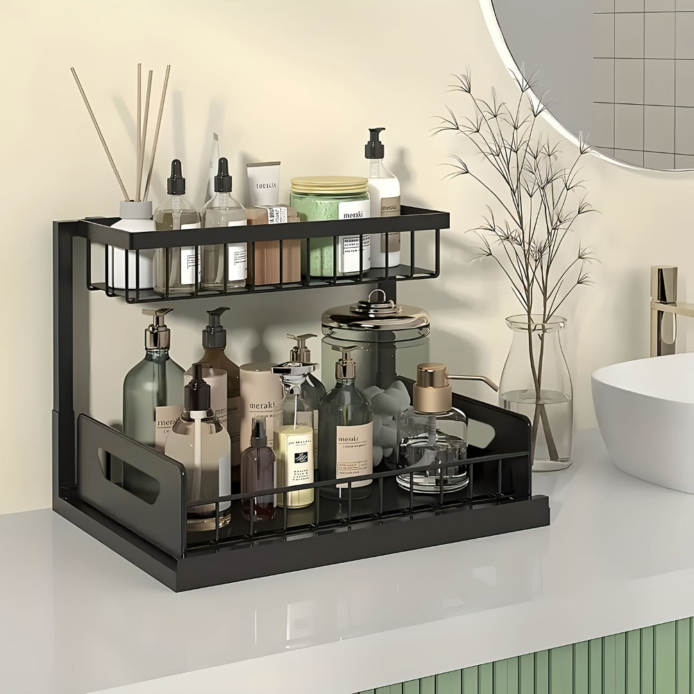 2-Tier Pull-Out Cabinet Organizer Metal Sliding Drawer, Kitchen Sink Storage Container for Bathroom Tabletop Study, Push-Pull Stackable Organizer for Kitchen Bathroom Cabinet