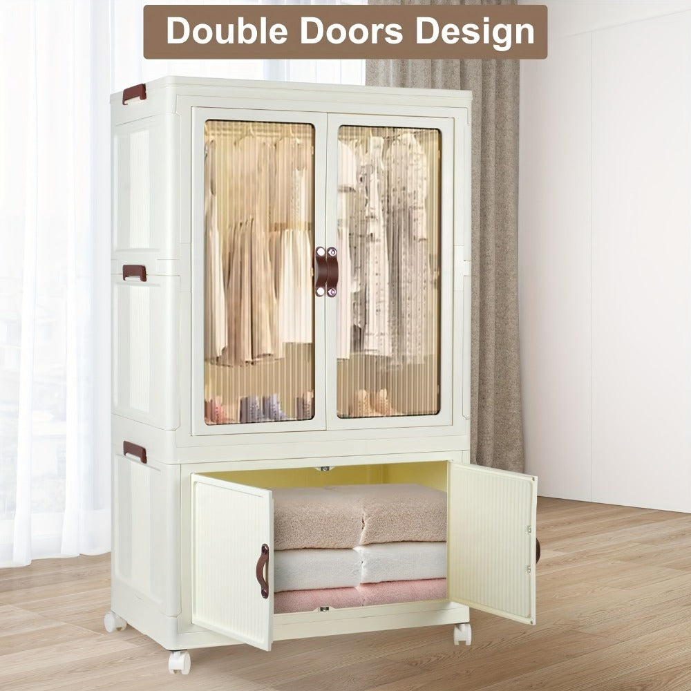 Portable Closet Wardrobe with Wheels & Hanging Rod ¨C Foldable Clothes Cabinet with Doors, 10 Hangers, Stackable Storage Bins, 70 GAL Collapsible Plastic Wardrobe Organizer
