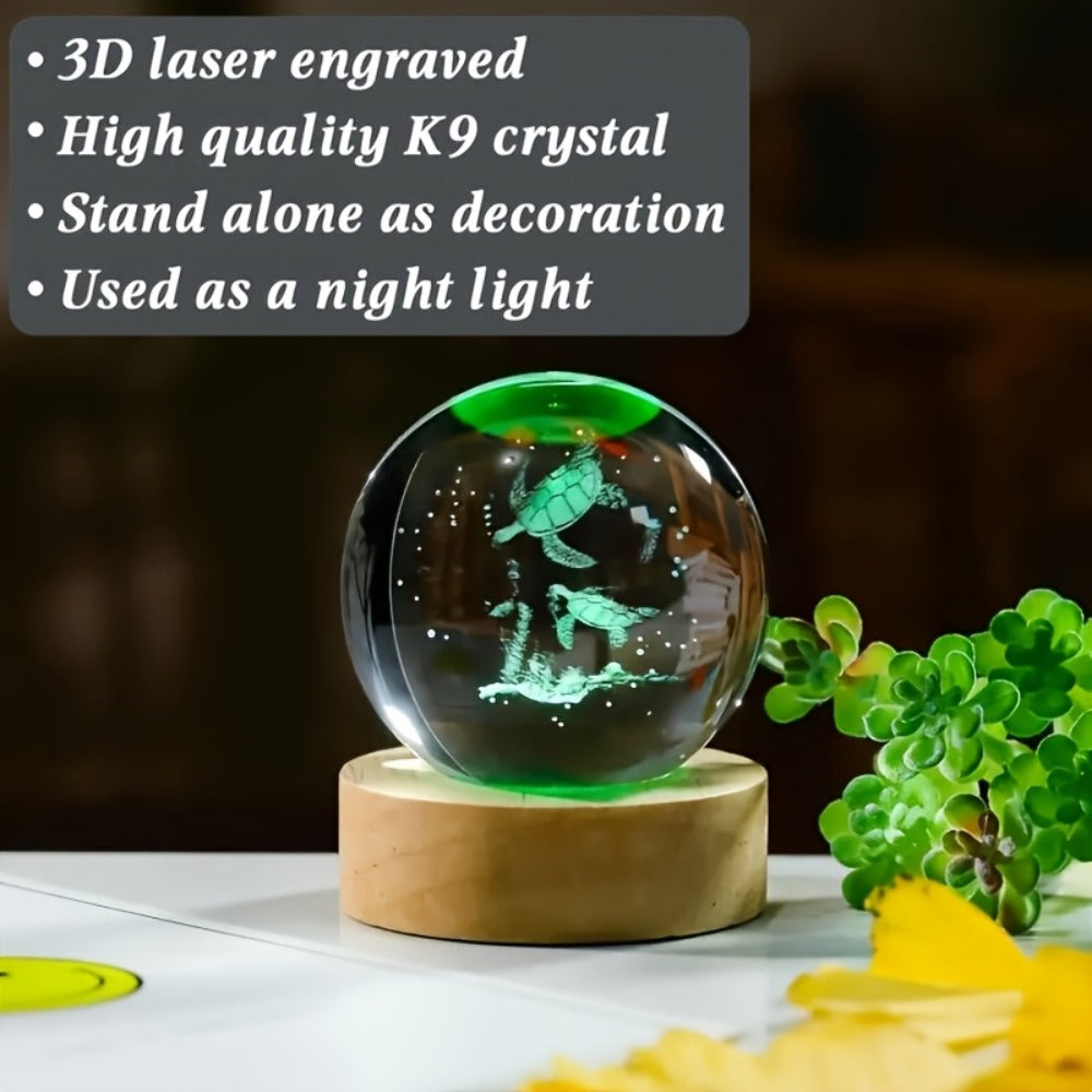 3D Sea Turtle Crystal Ball Night Light ¨C LED Color Glow Glass Orb Lamp with Bamboo Base, Ocean Animal Figurine Desk Light for Home Bedroom Decor, Unique Gift for Turtle Lovers, Elders & Friends (2.36in)