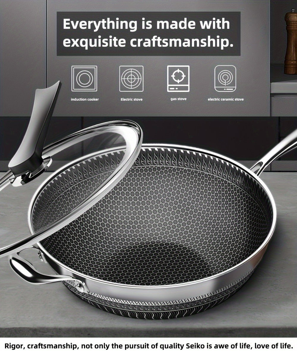 Stainless Steel Wok 13.3 Inch Honeycomb Non-Stick with Lid Spatula & Pot Brush ¨C All Cooktop Compatible Stir Fry Pan | Induction Gas Electric Ceramic | Complete Kitchen Wok Set Cooking Accessories