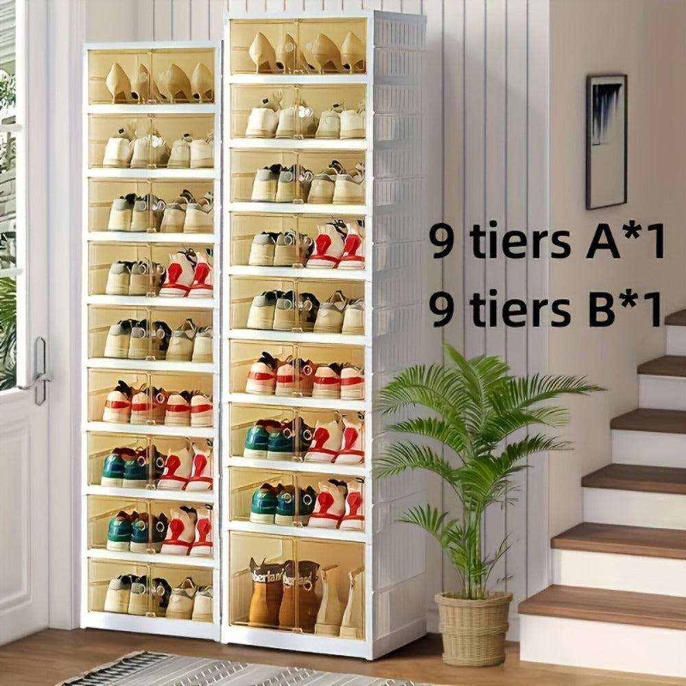Shoe Rack Organizer 9-Tier, Collapsible Clear Plastic Foldable Stackable Shoe Cabinet with Shelves & Doors ¡ª No Assembly, Space-Saving Narrow Storage for Hallway, Apartment & Small Spaces