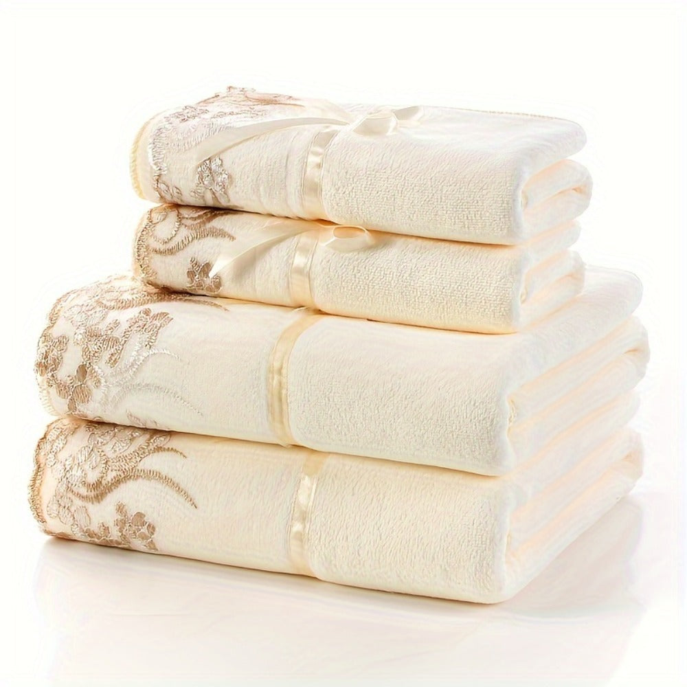 Lace Embroidery Towel Set 4-Piece 350GSM Soft Absorbent Bath and Hand Towels for Bathroom Elegant Decorative Towel Set