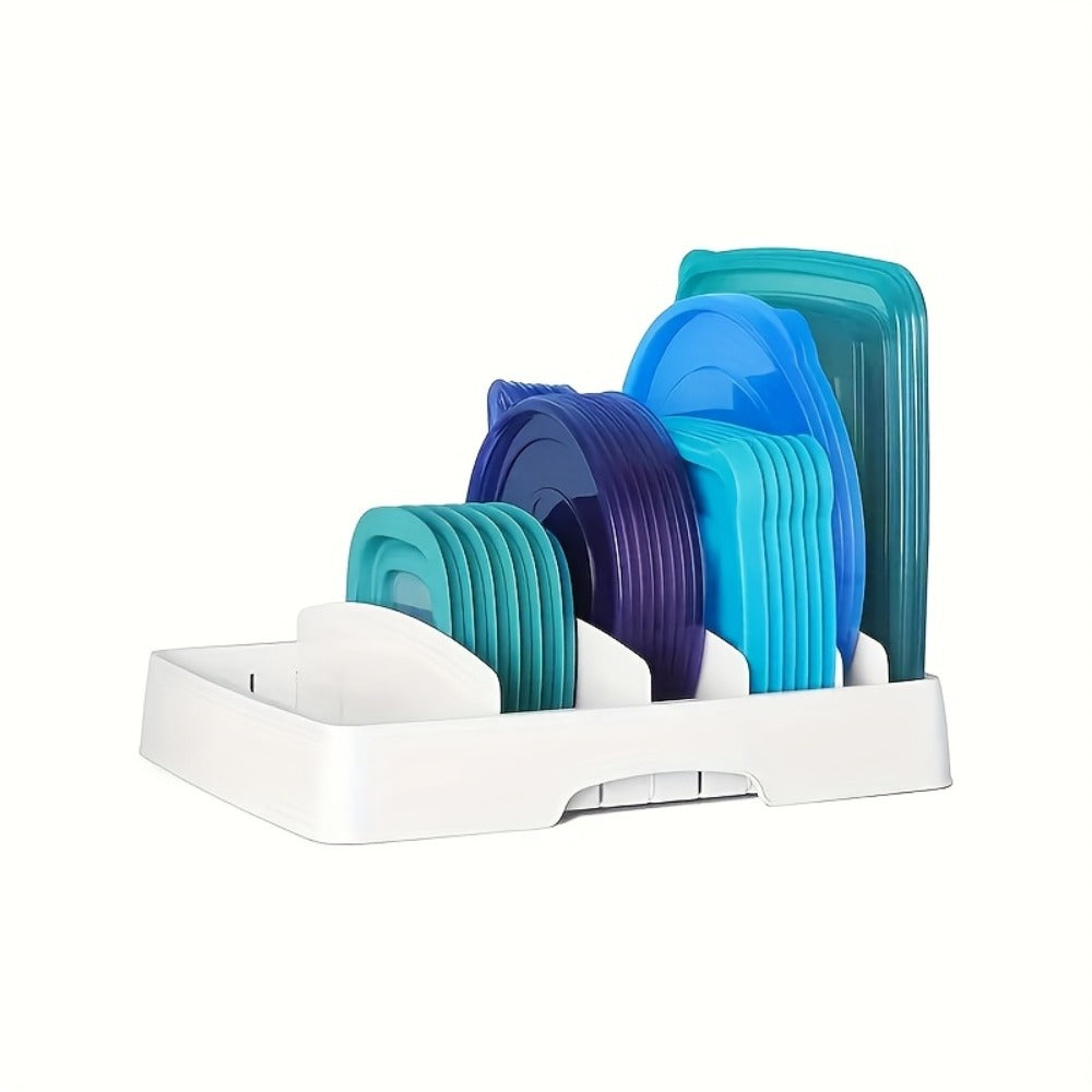 Adjustable Kitchen Storage Rack with 5 Baffles ¨C Cutting Board, Pot Lid & Tableware Organizer, Food Container Cover Holder