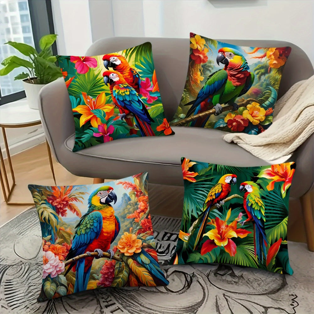 Tropical Parrot Throw Pillow Covers 4 Pack Vibrant Floral Bird Print Soft Polyester Cushion Covers Zipper Closure Machine Washable for Sofa Bedroom Office Home Decor 18x18 Inch