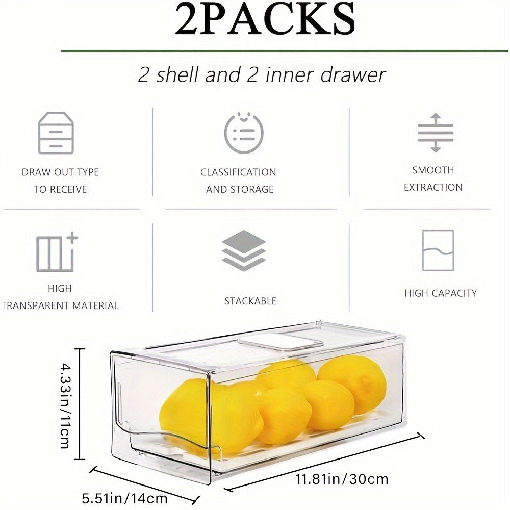 Stackable Fridge Organizer Bins with Drain Board 2 Pack, BPA-Free Refrigerator Drawer Organizer for Produce Fruit Vegetable, Reusable Food Storage Containers for Kitchen