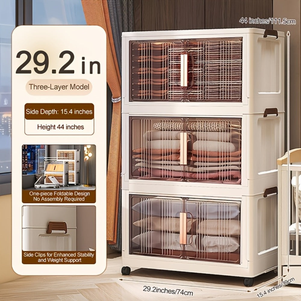 Folding Storage Cabinet with Wheels, 3/4/5-Tier Stackable Plastic Storage Bins with Lids & Magnetic Doors, Foldable Large Organizer with 360¡ã Lockable Wheels for Home Office Kitchen Bathroom Garage