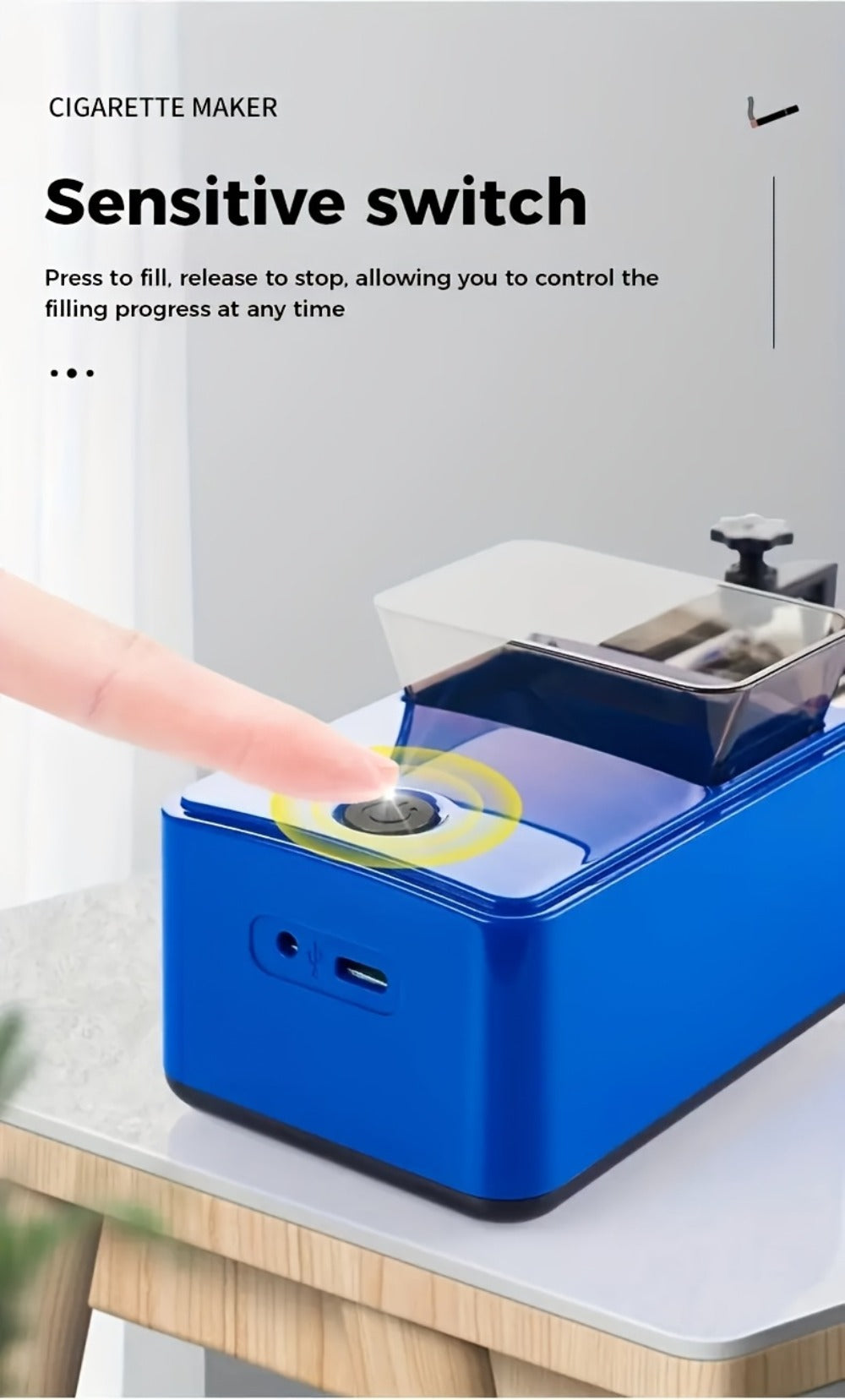 Electric Cigarette Rolling Machine USB Rechargeable Automatic Cigarette Roller 2-Second Rapid Roll High Power Motor Stainless Steel Durable Portable Tobacco Injector Black Blue