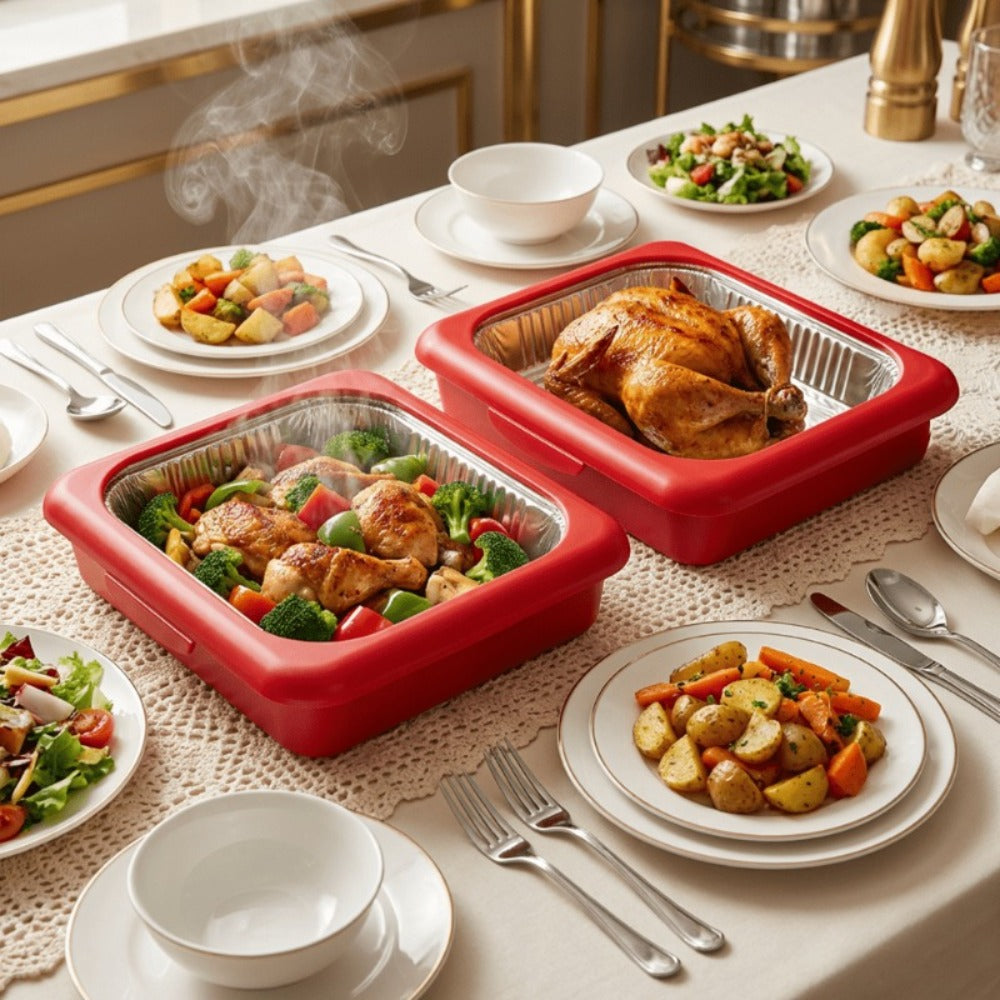 Aluminum Foil Insulated Food Tray Set 2-in-1 Reusable Stand with 2 Disposable Foil Trays for Potluck Picnic BBQ Party Outdoor Gatherings Thanksgiving Christmas - 1 Tray + 2 Foil Trays
