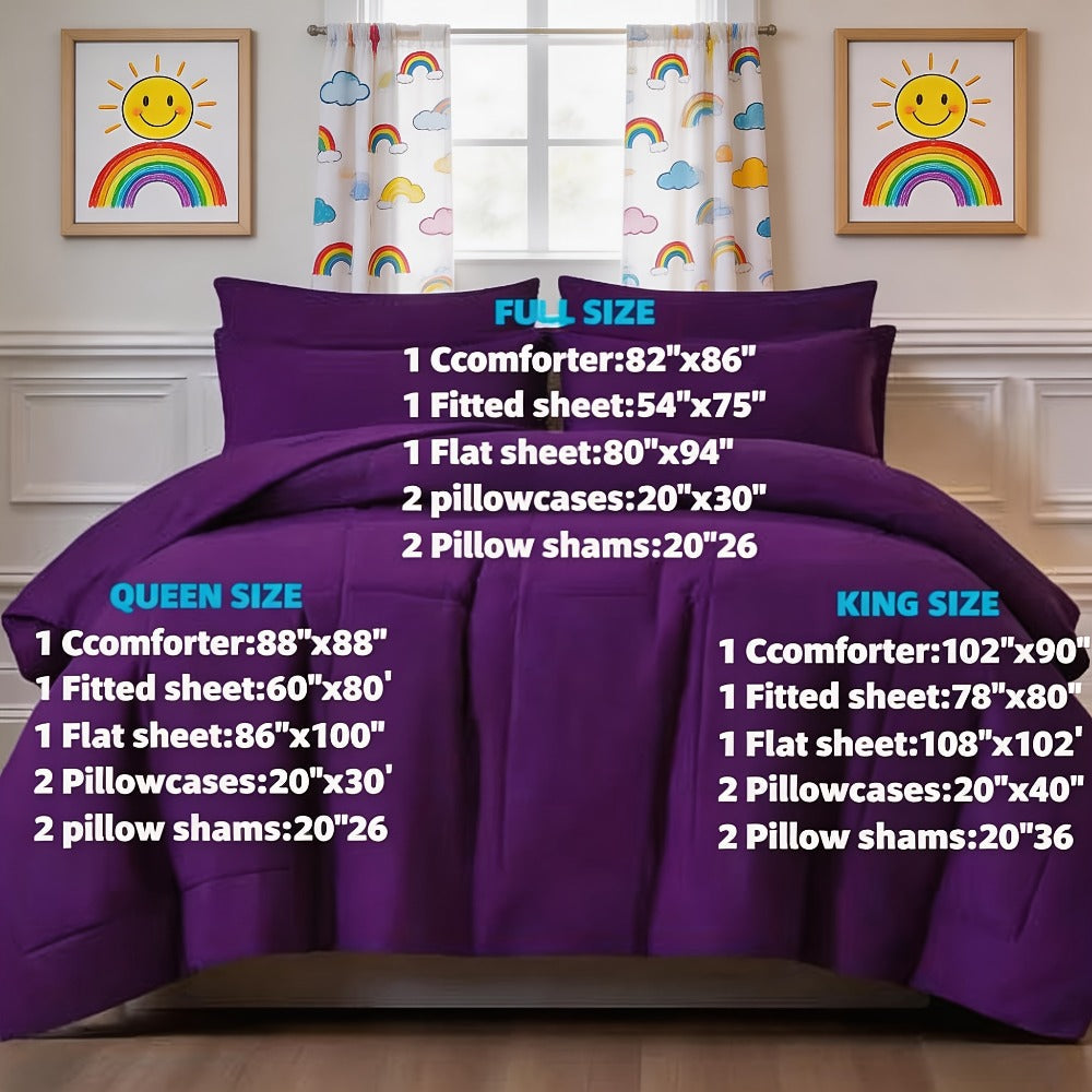 Comforter Set 7 Piece Bed in a Bag Full Queen King Soft Satin-Like Fabric with Fitted Sheet Flat Sheet Pillowcases Breathable Bedding Set for Bedroom Hotel