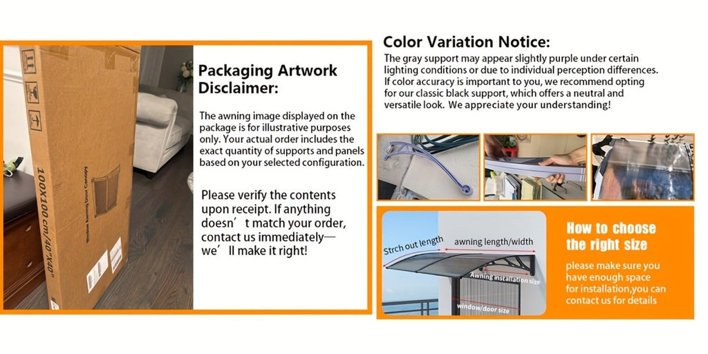 Polycarbonate Window Awning Door Canopy - UV Rain Snow Sun Protection Overhang for Doorways, Patio & Windows, Multiple Sizes, Black/Gray Bracket with Blue/Clear/Brown Board
