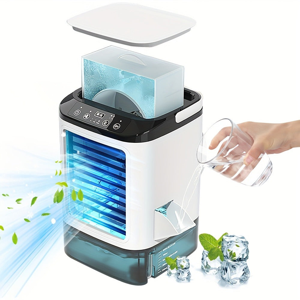 Portable Air Cooler Fan USB Humidifier with Rainbow Ambient Light, 3-Speed Atomization Misting Fan with Large Ice Box and Low Noise, Personal Desktop Cooling Fan Gift for Home, Office and Bedroom
