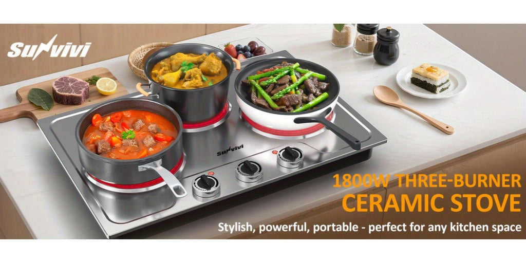 Portable Electric Cooktop Triple Burner 1800W ¨C Royalcraft Countertop Electric Stove with Knob Control, Indicator Light, Compatible with All Cookware, Silver