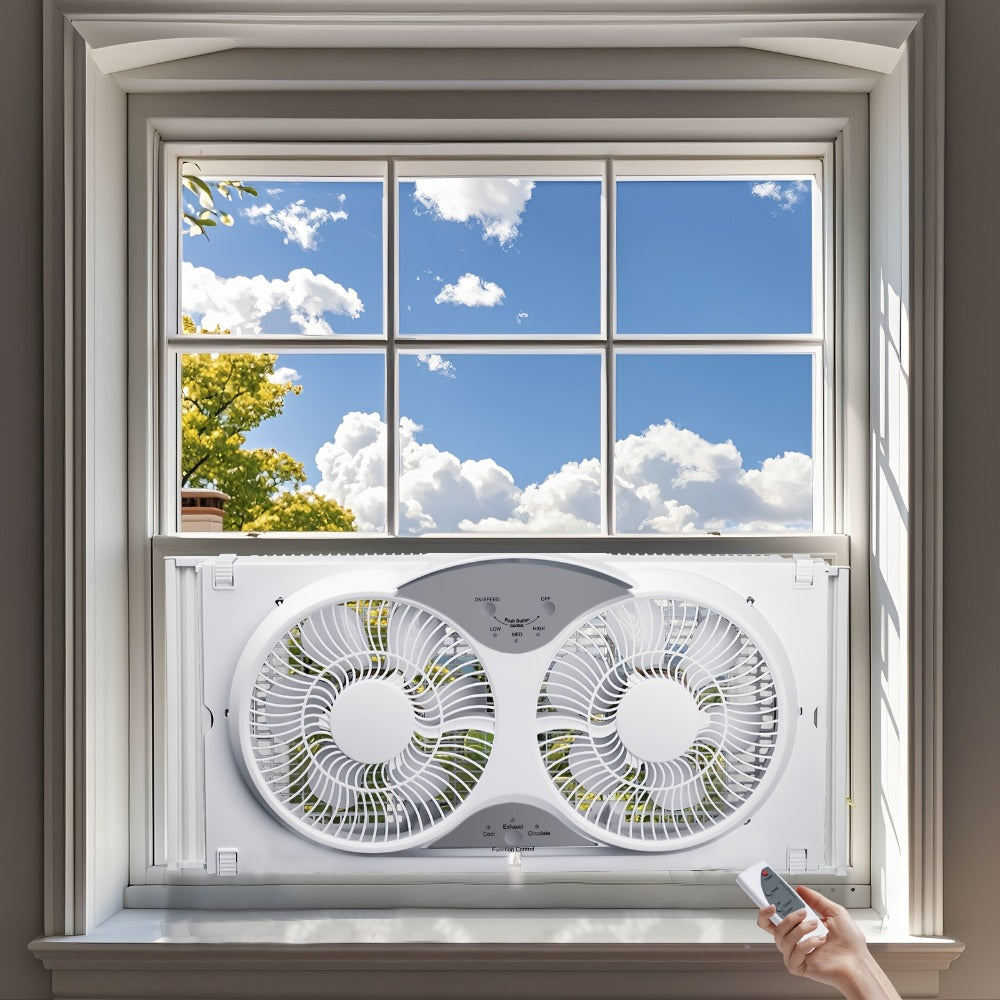 Window Fan 9 Inch Twin Expandable Dual Fan, 3-Speed with Remote Control or Manual Control, Reversible Airflow Indoor Window Fan for Bedroom, Living Room, Kitchen and Office