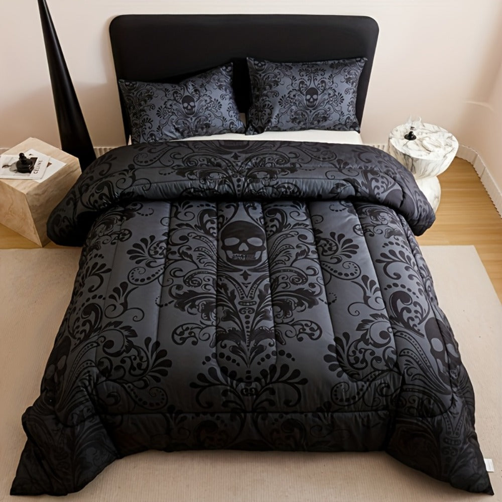 Skull Quilt Set 3pcs Gothic Victorian Comforter with 2 Pillowcases | Black Gray Digital Print Bedding Twin Full Queen King