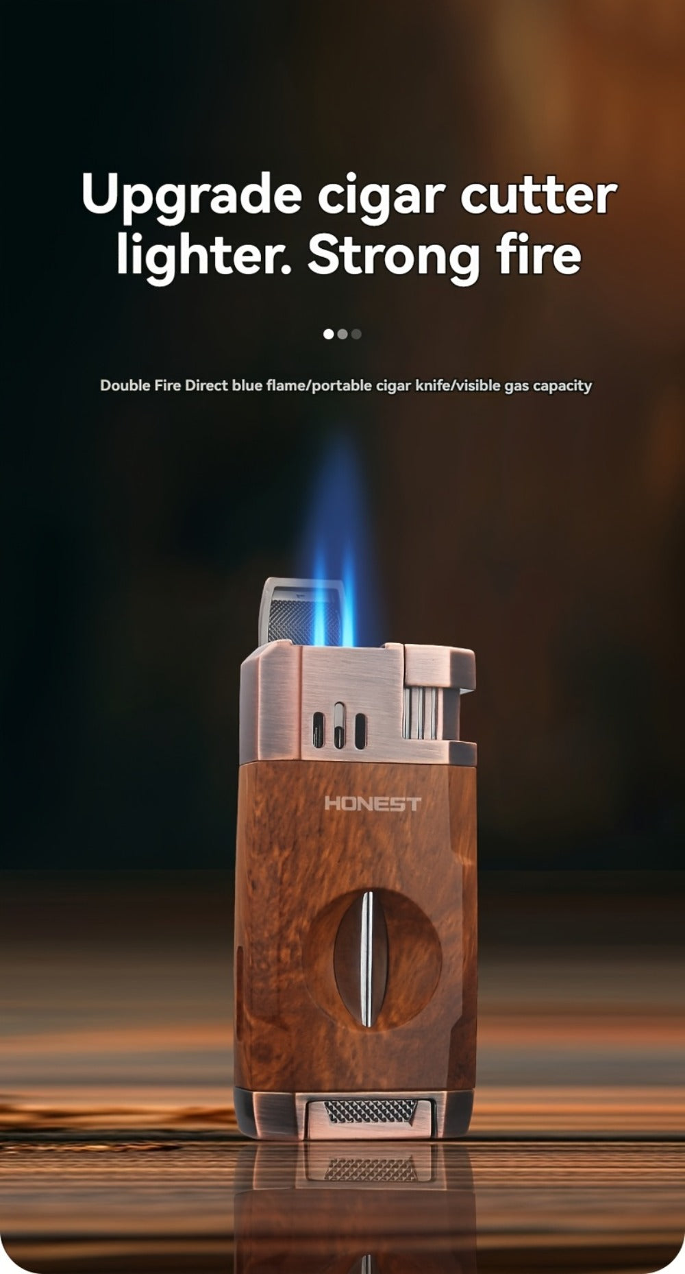 Cigar Torch Lighter with V-Shaped Cigar Cutter Built-in Clip Dual Windproof Jet Flame Visible Gas Window Integrated Cigar Lighter for Men Butane Gas Not Included