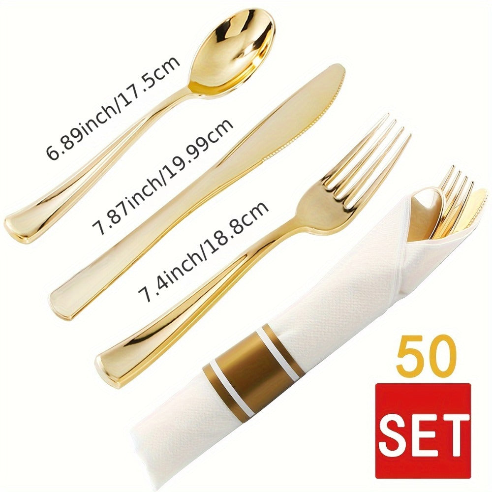 Gold Plastic Plates Disposable Dinnerware Set 350pcs ¨C 50 Dinner Plates, 50 Dessert Plates, 50 Gold Rim 9oz Cups & 50 Gold Cutlery Sets | Elegant Party Tableware for Wedding, Birthday & Holiday Events