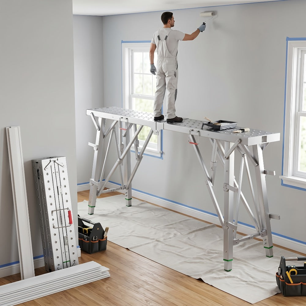 Heavy Duty Folding Work Platform Scaffold 1455 Lbs Capacity Portable Adjustable Height Ladder Stool ¨C Multi-Function Step Stool for Painting Home Renovation Construction Indoor Outdoor Use