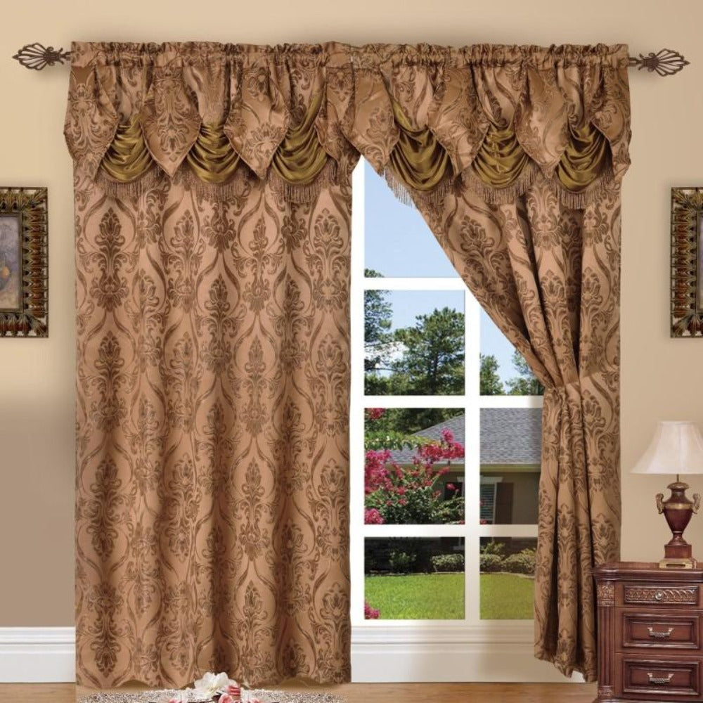 Jacquard Curtain Panels 2-Piece Set 54x84 Inch with Attached Waterfall Valance - Rod Pocket Room Darkening Luxury Window Curtains, Machine Washable, 9 Colors for Living Room Bedroom & Home Office