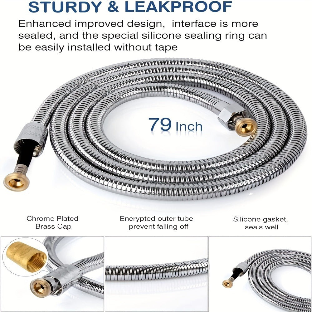 High-Pressure Shower Hose 78.7 Inch Extra Long - 304 Stainless Steel Chrome Plated, Explosion-Proof Braid Mesh, Leak-Resistant Handheld Shower Hose with Shower Head Holder, 2m Universal Fit