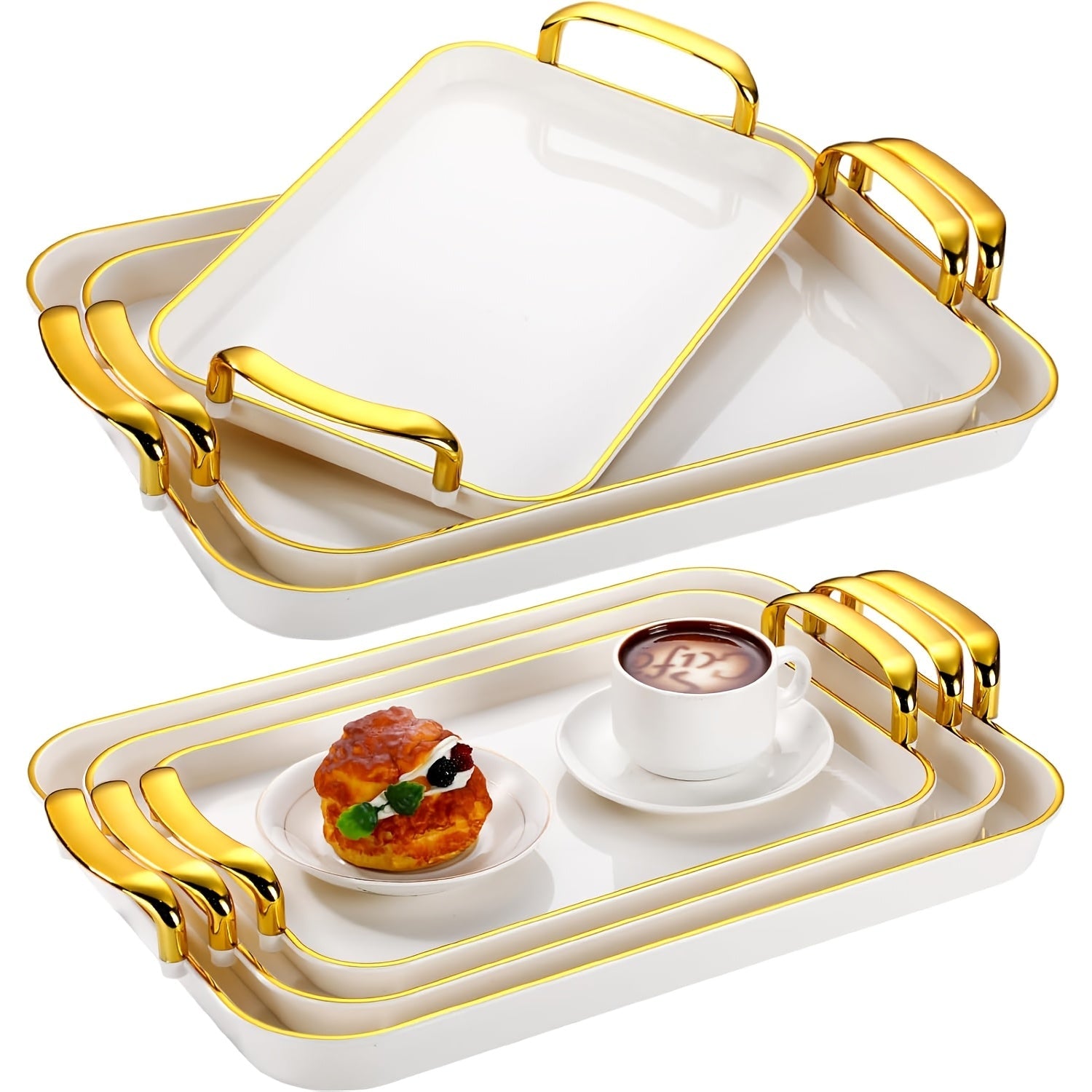 3-Piece Rectangular Serving Tray Set with Handles ¨C Plastic Food Trays for Parties, Dinners & Gatherings, 16.5/15/13.2 Inch Nested Trays for Turkey, Cake, Cheese, Fruit & Appetizers