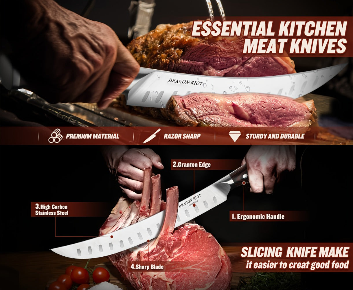 Brisket Carving Knife 10 Inch, High Carbon Steel Granton Edge Slicing Knife, Hand Forged Meat Carving Knife with Ergonomic Wood Handle for BBQ, Brisket, Roast & Turkey