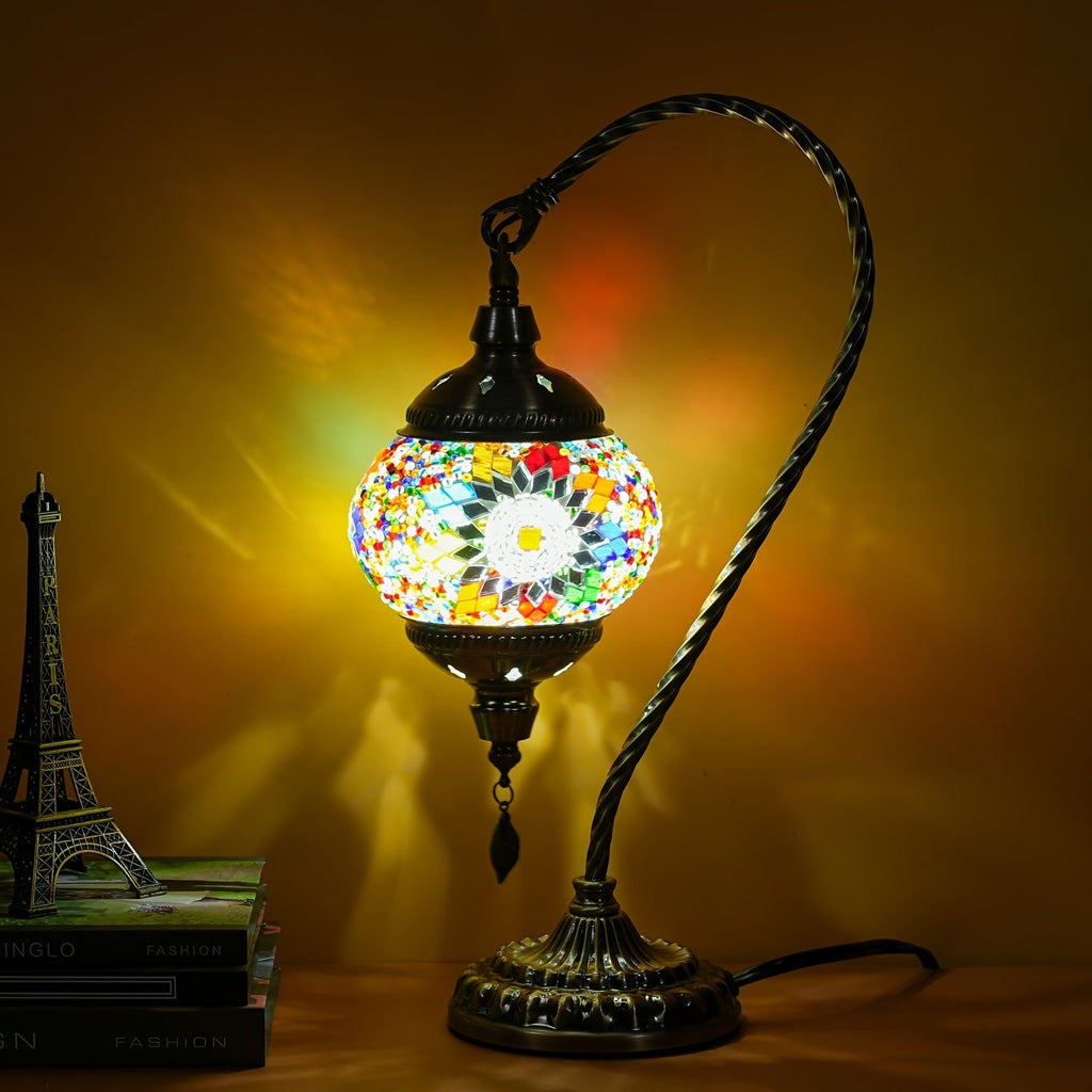 Mosaic Table Lamp Turkish Moroccan Style Handmade Swan Neck Glass Bedside Lamp 3 Color Modes LED Bulb Included Metal Base for Bedroom Living Room