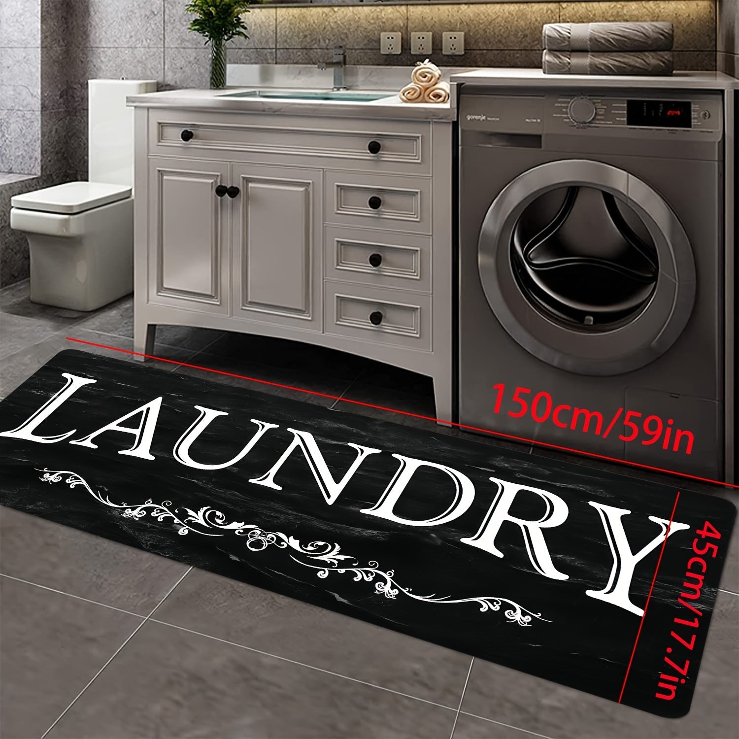 Laundry Room Mat Black & White LAUNDRY Text Non-Slip Machine Washable - Soft Polyester Cut-Pile Floor Rug for Laundry Room, Bathroom, Kitchen & Hallway, Bold Lettering Modern Farmhouse Decor