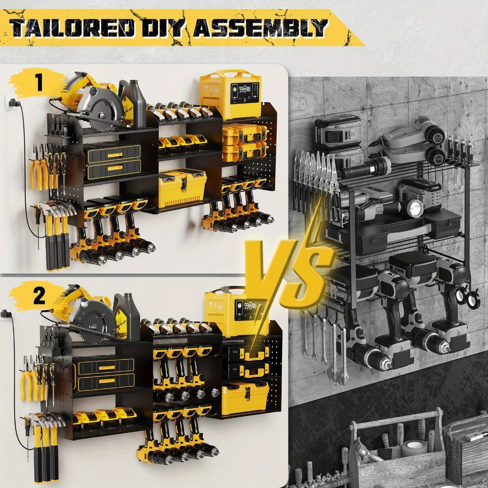 Power Tool Organizer Wall Mount with Charging Station | 3-Layer Cordless Drill Holder Storage Rack 45.5 Inch Heavy Duty ¨C Adjustable Garage Tool Shelf for Workshop & Tool Room
