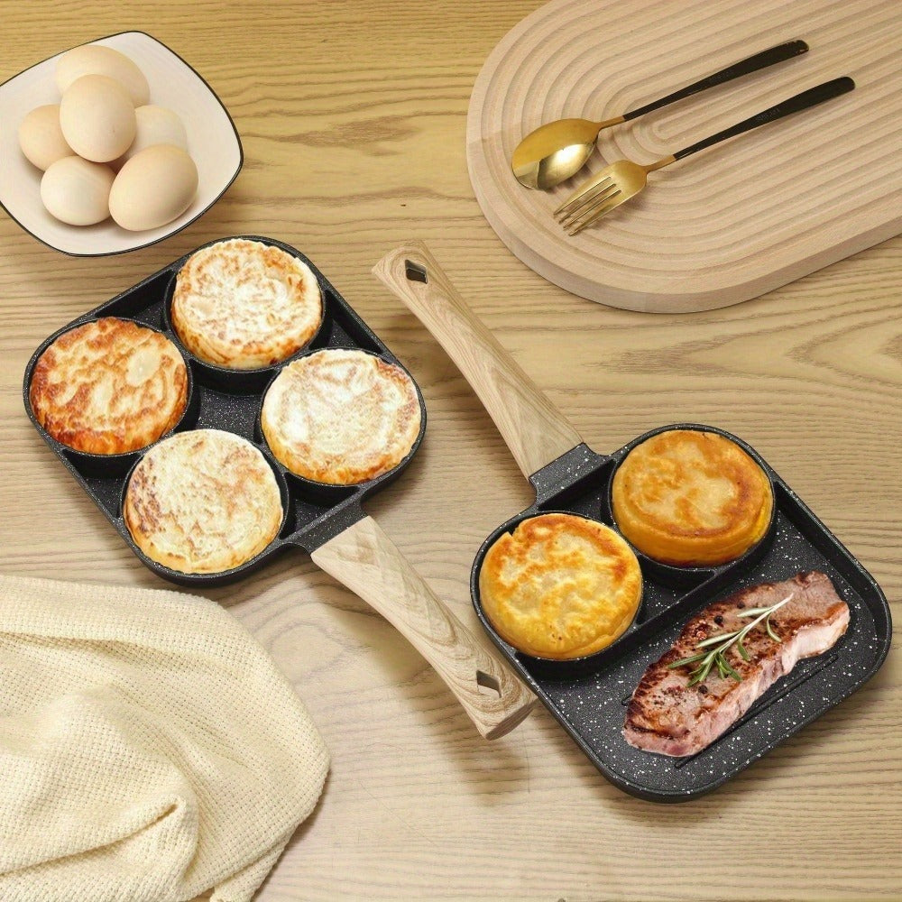 Non-Stick Egg Pan 4-Hole Aluminum Frying Pan for Omelette Eggs Dumplings Takoyaki Induction Compatible Multi-Portion Breakfast Skillet