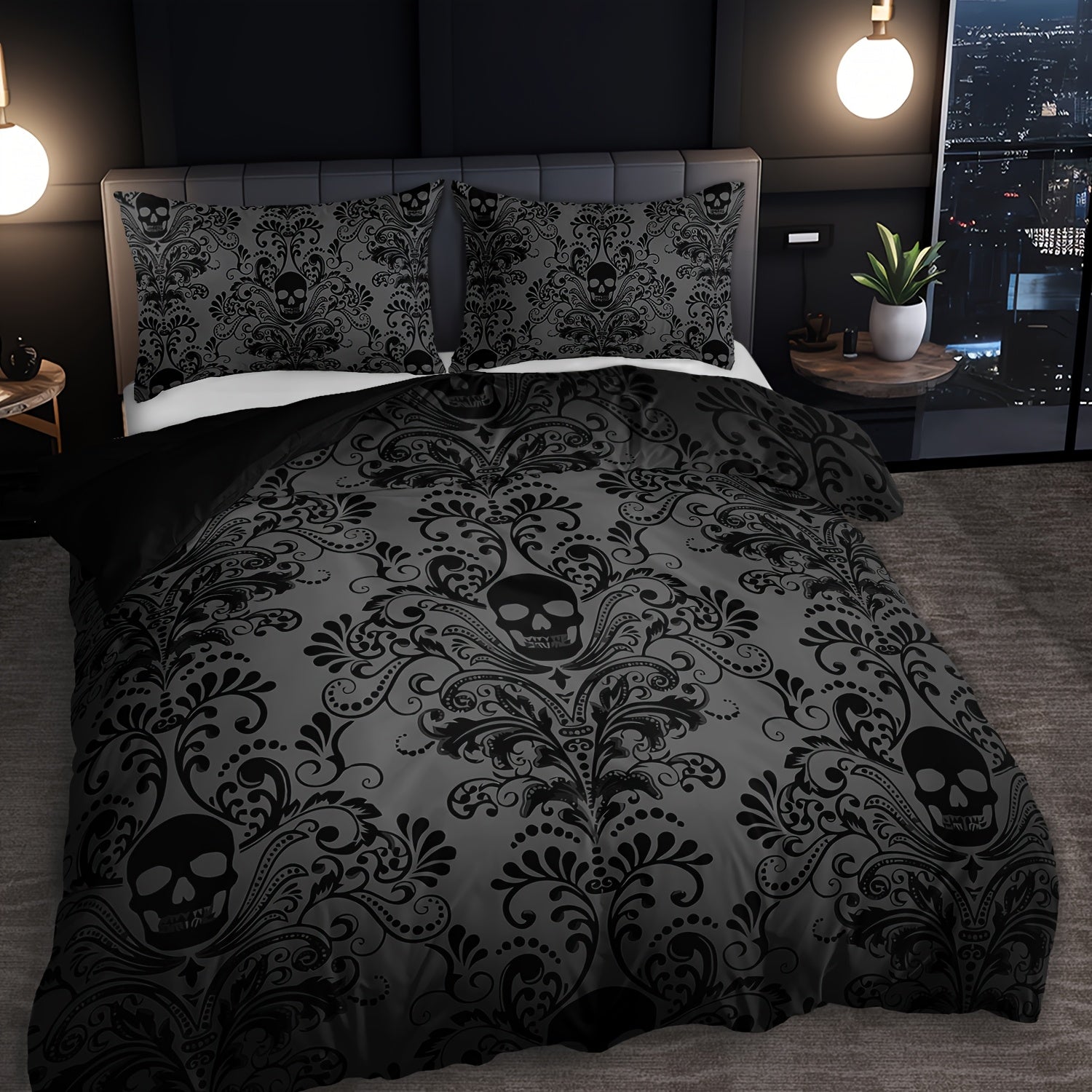 Skull Duvet Cover Set 3pcs ¨C Gothic Victorian Baroque Black & White Skull Bedding with 2 Pillowcases, Digital Print Halloween Bedroom Decor (Twin, Full, Queen, King ¨C No Insert)