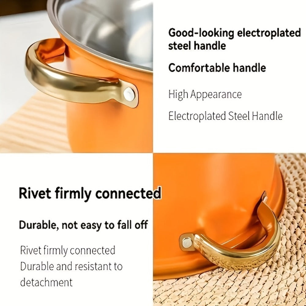 Stainless Steel Non-Stick Cookware Set 10/12pcs, 316 Grade Steel Frying Pan, Stockpot & Milk Pot with Lid, Multi-Functional Kitchen Cooking Set in Gold, Pink & Orange