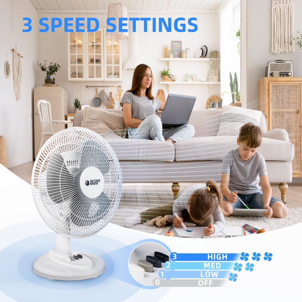 Oscillating Table Fan 12 Inch Quiet 3-Speed Adjustable Tilt with Safety Grill for Home Office Bedroom Dorm Desktop Personal Cooling Fan