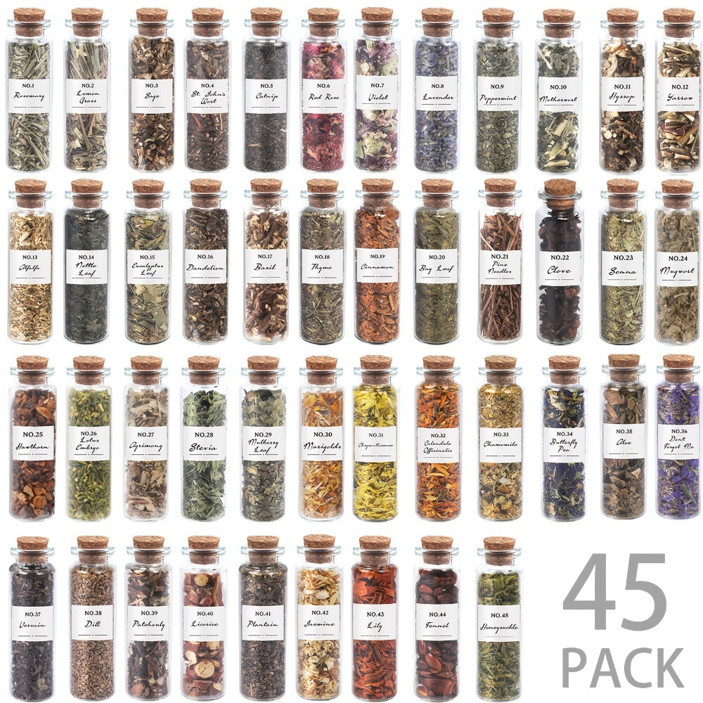 Dried Herbs Kit 45 Bottles with Crystal Spoon ¨C Altar Supplies Herb Set for Wicca, Pagan Magic, Incense Spells & Bath Rituals ¨C Beginner Witchcraft Starter Kit, Unique Gift for Mother's Day, Graduation & Weddings