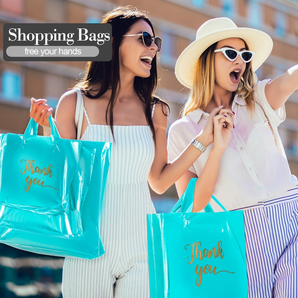 Thank You Bags with Handles 200pcs Bulk Plastic Shopping Bags 3 Sizes Retail Boutique Merchandise Bags Sky Blue 9x12 12x15 15x18