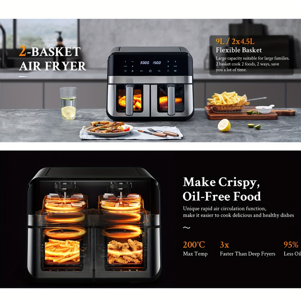 Dual Basket Air Fryer 9.5Qt ¨C 2x4.75Qt Independent Zones, Smart Finish Match Cook, 2400W, 8 Presets, Air Fry Roast Bake Grill, Energy Saving Family-Size Double Basket Air Fryer