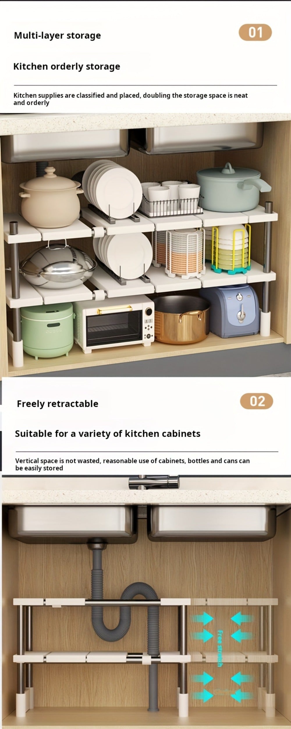 Under Sink Organizer Adjustable - Stainless Steel and Plastic Cabinet Storage Shelf for Kitchen and Bathroom, Space Saving Single Layer Rack for Pots Cleaning Supplies and Toiletries, Multi-Functional Under Cabinet Organizer and Storage