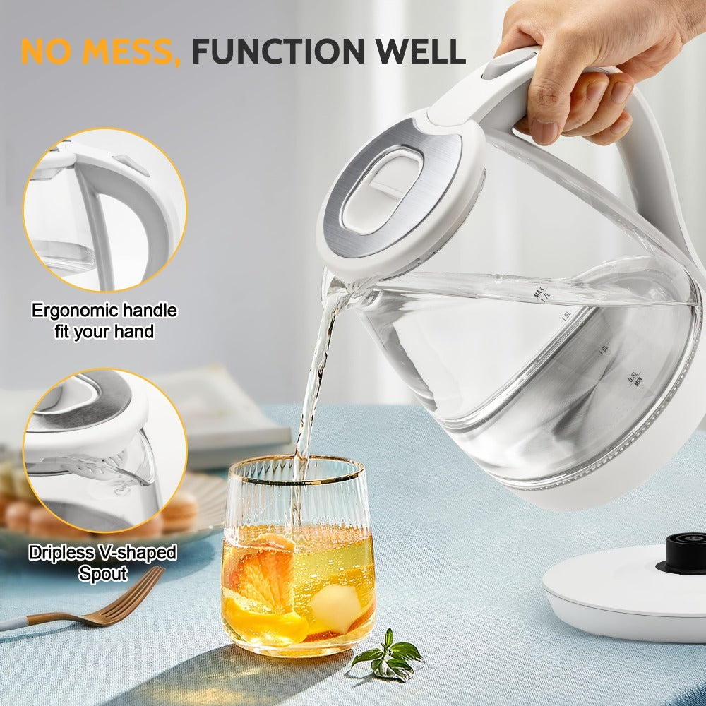 Glass Electric Kettle 1200W Fast Boiling ¨C 57.48oz Tea Kettle with LED Indicator, Auto Shut-Off & Boil-Dry Protection, Elegant Transparent Design for Kitchen, Office & Camping