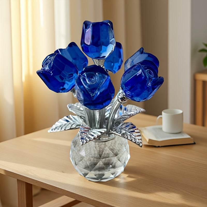 Glass Rose Sculpture Floral Home Decor ¨C Sparkling Leaves Art Figurine for Bedroom, Living Room, Valentine's Day Gift