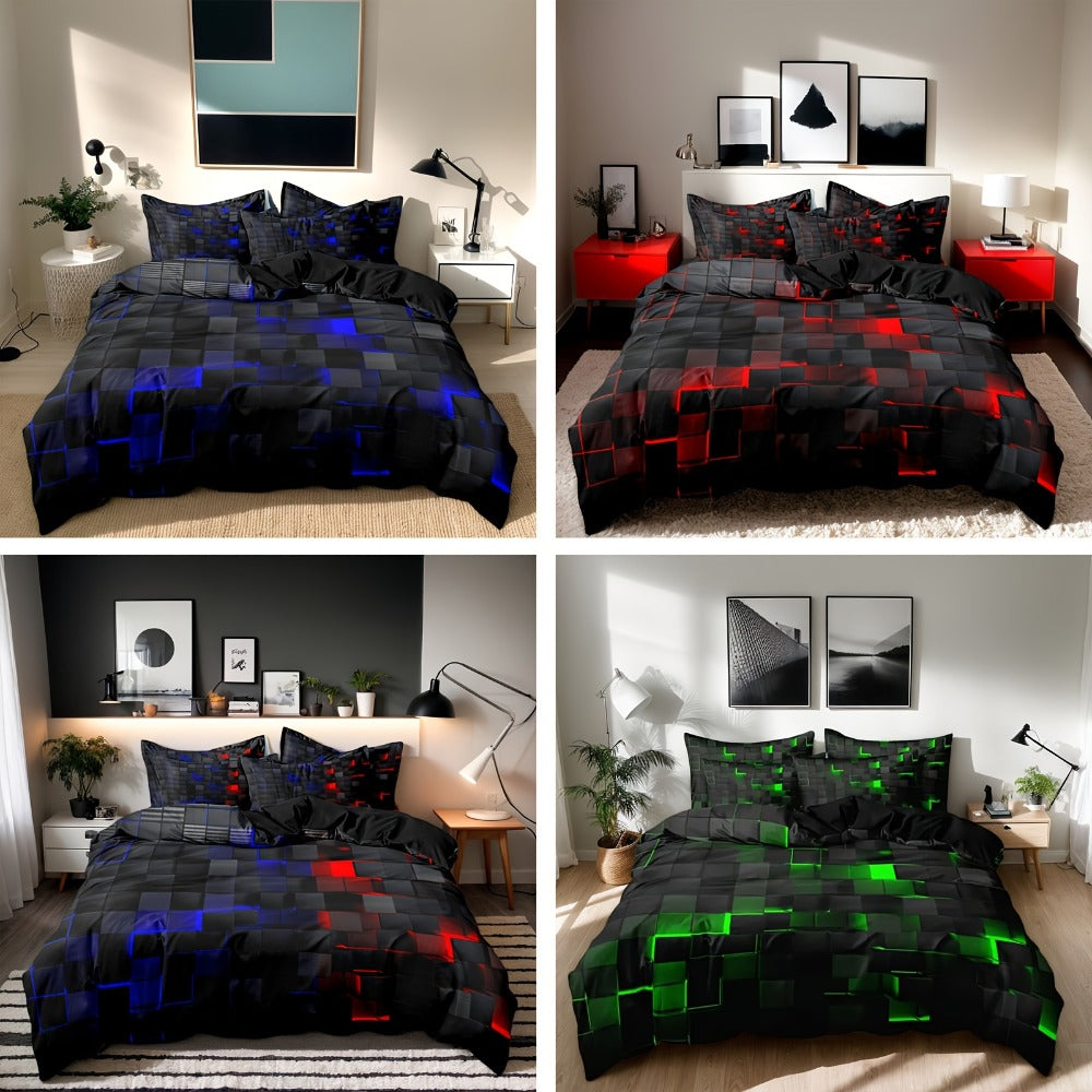 Duvet Cover Set Queen King Twin Full 3D Geometric Cube Print | 3-Piece Polyester Bedding Set | Black Blue Grid Pattern | All-Season Soft Quilt Cover + 2 Pillowcases | Machine Washable