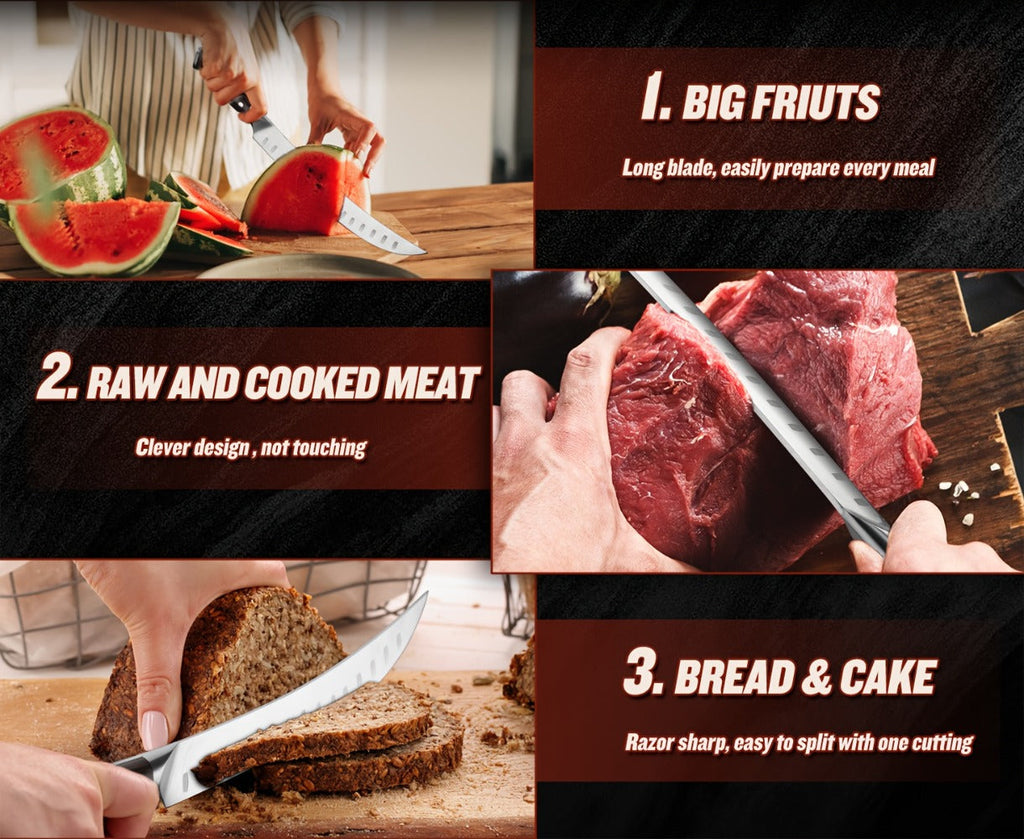 Brisket Carving Knife 10 Inch, High Carbon Steel Granton Edge Slicing Knife, Hand Forged Meat Carving Knife with Ergonomic Wood Handle for BBQ, Brisket, Roast & Turkey