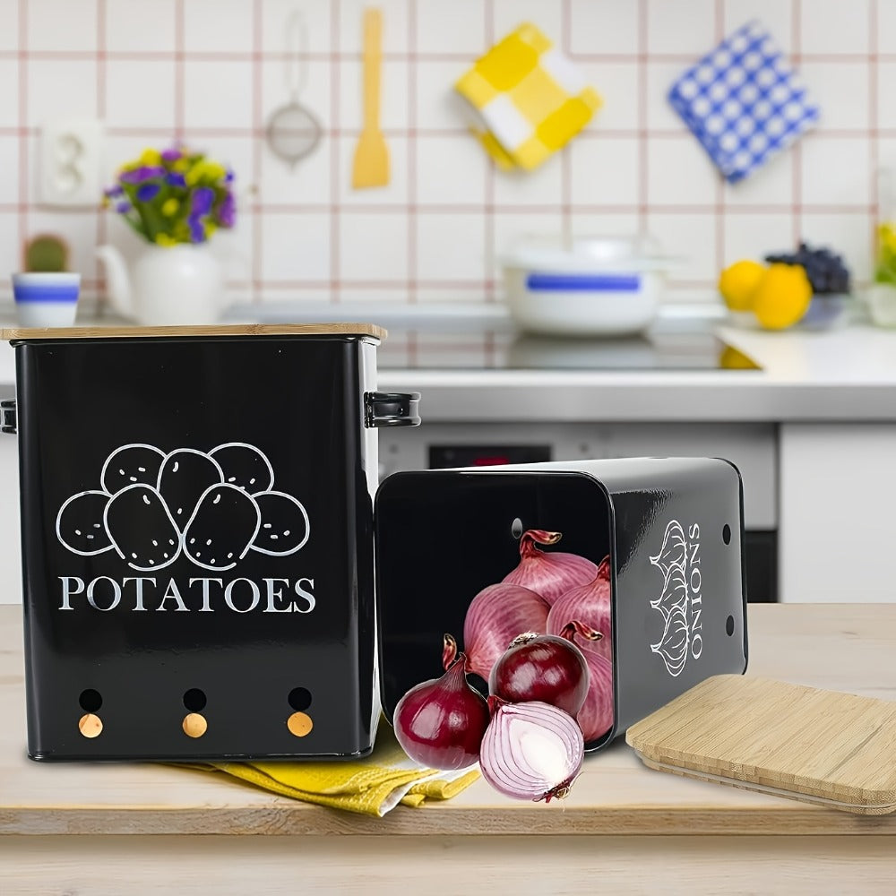 Kitchen Storage Canister Potato Onion Storage Bin Aerating Ventilation Holes Wooden Lid Multipurpose Kitchen Organizer for Onion Potato Fruit Vegetable Black White Grey Green