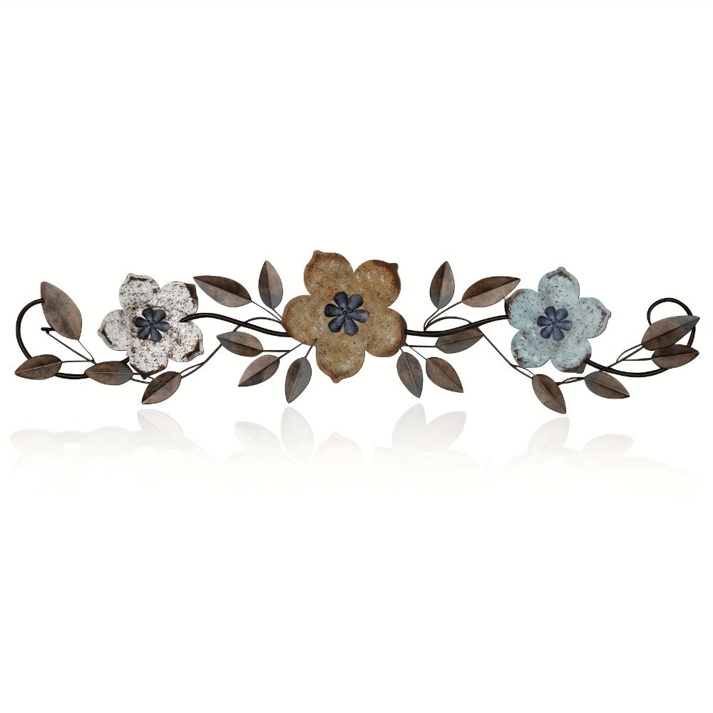 Metal Flower Wall Decor - Vintage Wrought Iron Farmhouse Scroll Sculpture 15.75 Inch Colorful Floral Leaf Wall Art for Living Room Bedroom Above Door Boho Indoor Home Decoration