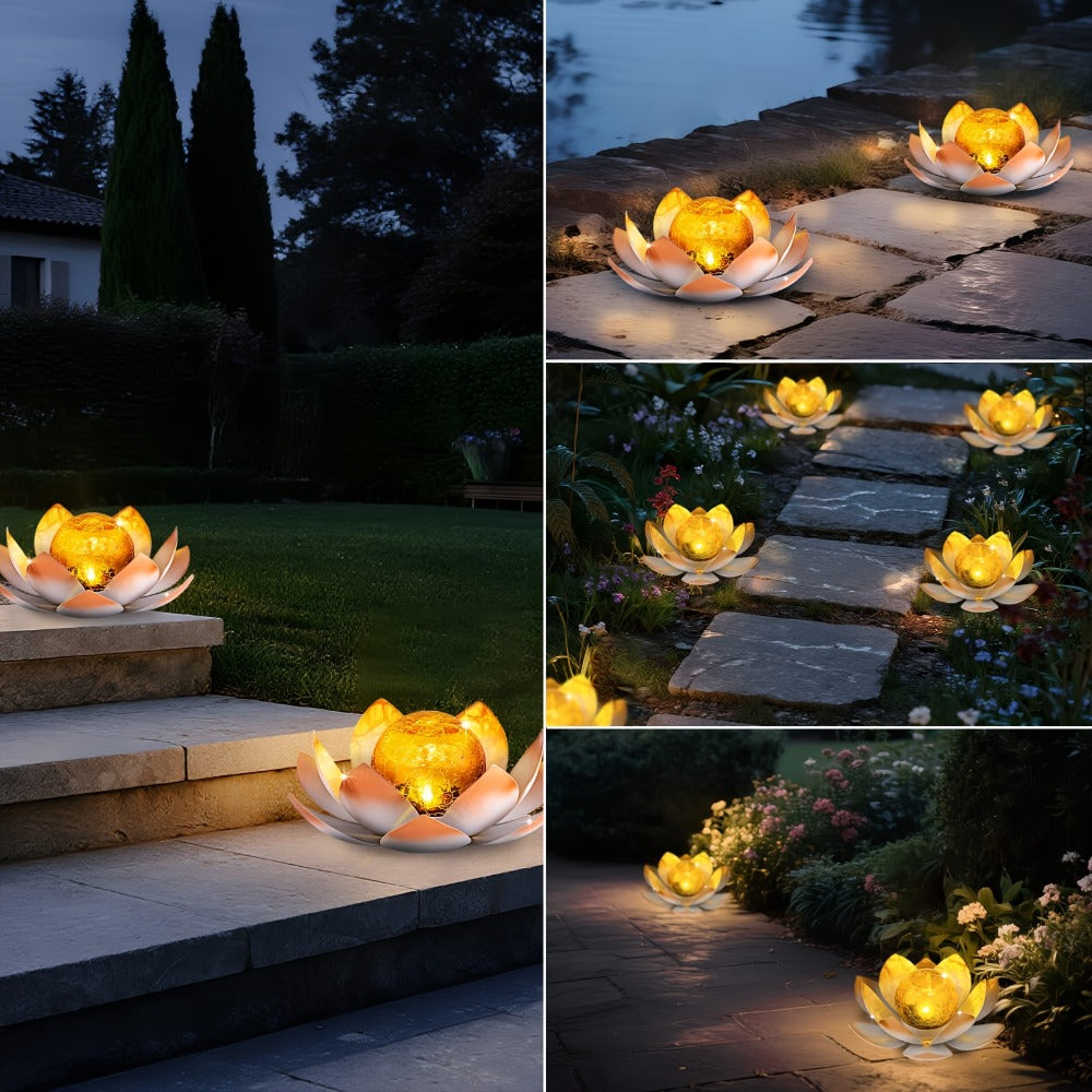 Solar Lotus Garden Lights 2-Pack ¨C Rustic Iron Outdoor Stake Light with Cracked Glass Globe, IPX4 Waterproof Solar Powered Yard Lawn Patio Pool Decor, Warm Glow Landscape Lighting Gift