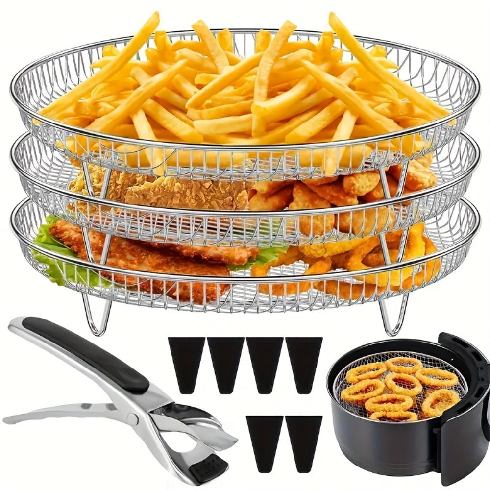 Air Fryer Rack Set ¨C 10-Piece Stainless Steel Stackable Dehydrator Rack with Clips for 4.2QT-5.8QT Round Air Fryers, Reusable Elevated Baking Accessories, Dishwasher Safe