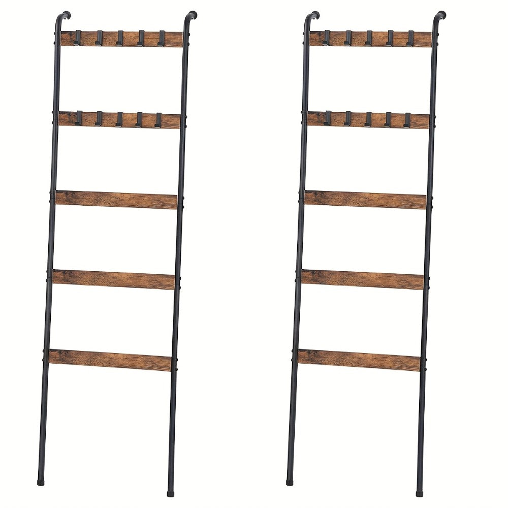 Blanket Ladder 5 Tier Farmhouse Wood with 10 Removable Hooks Wall Leaning Towel Rack Quilt Holder for Living Room Bathroom Bedroom Decor
