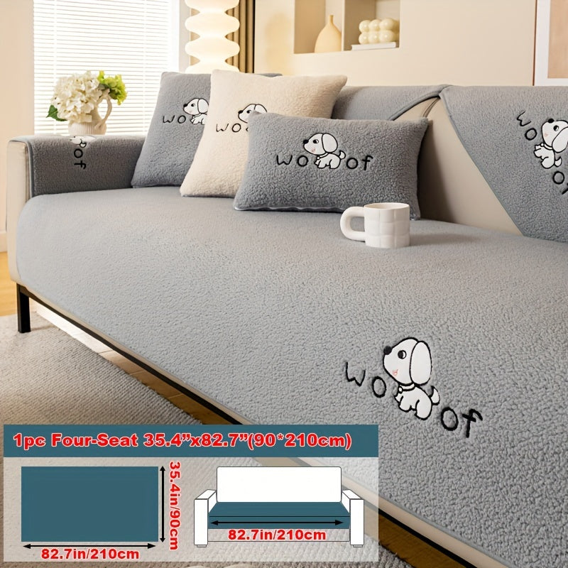 Sherpa Plush Sofa Cover Non-Slip | Thick Fleece Couch Protector, Pet Friendly Furniture Shield, 1 to 4 Seat, Armrest Backrest Pillowcase, Deep Gray Light Gray Coffee Off White