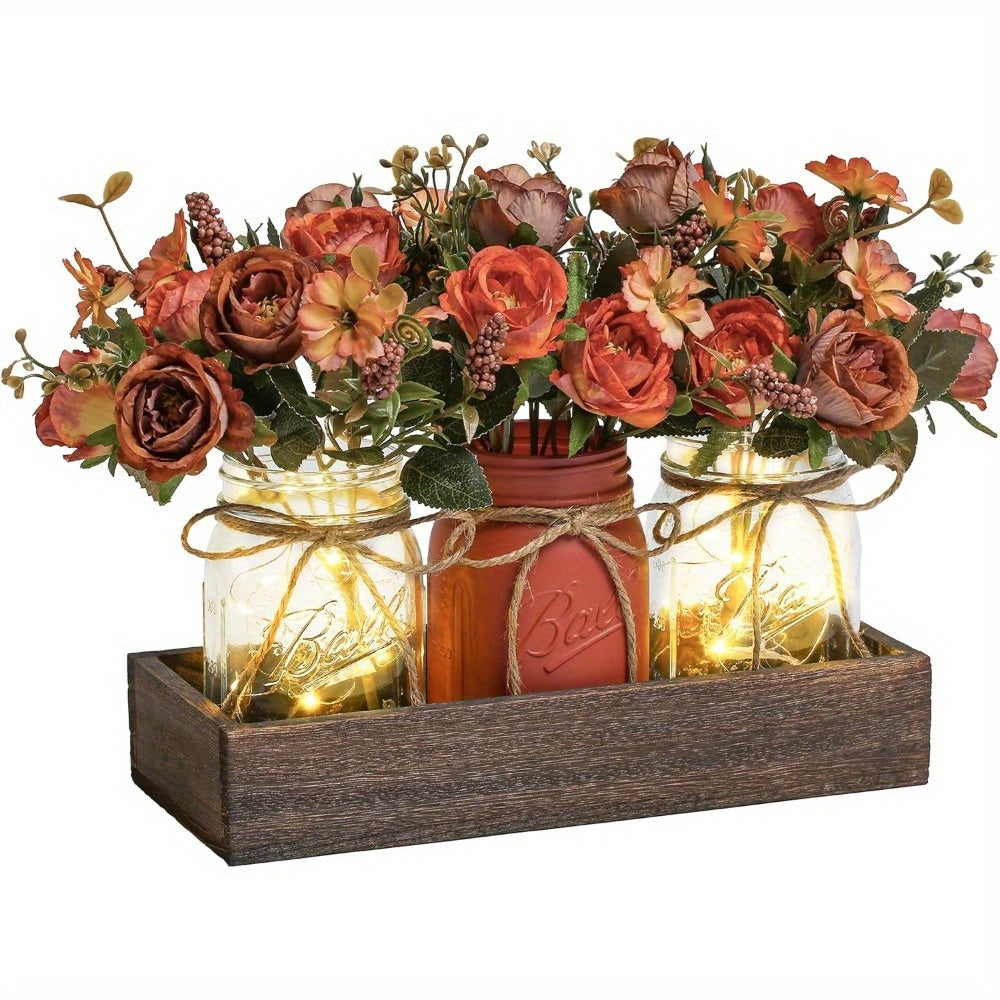 Mason Jar Centerpiece Table Decorations with Wood Tray & LED Lights ¨C 3-Piece Farmhouse Decor Set for Dining Room, Kitchen, Living Room & Bathroom | Holiday Home Decor Gift