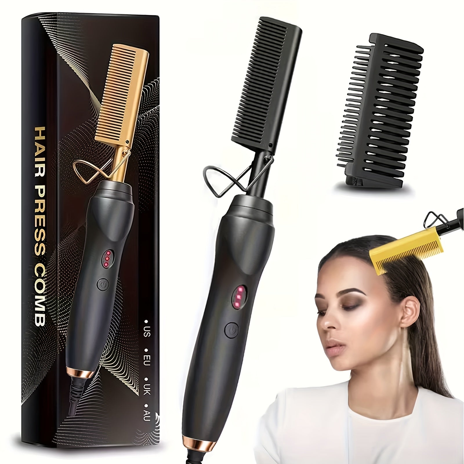 Electric Hot Comb Hair Straightener ¨C 3-in-1 Ceramic Pressing Comb for Natural Hair, Beard & Wigs, Curling & Straightening Iron with Protective Holder, Bonus 2 Clips & 1 Comb, Gift Ready